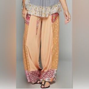 POL Apricot Lace Floral boho Patchwork Wide Leg Palazzo Pants Size L NWOT